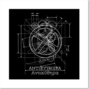 Antikythera Mechanism White Line Drawing Posters and Art